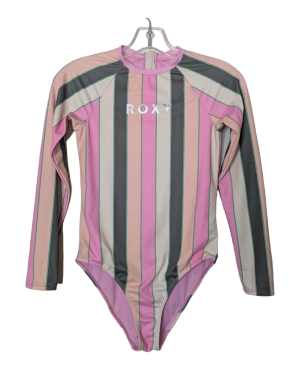 Girls ROXY 14 Pink Gray Striped Long Sleeve Rashguard Swimsuit